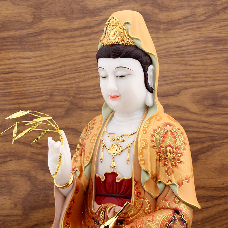 汉白玉彩绘观世音菩萨开光石雕观音佛像坐像家用摆件