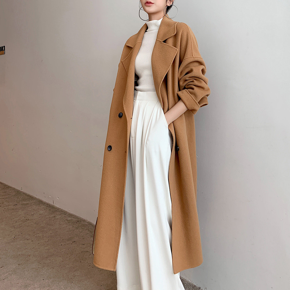 双面呢大衣女羊毛呢外套秋冬装廓版驼色无羊绒中长款韩版反季清仓
