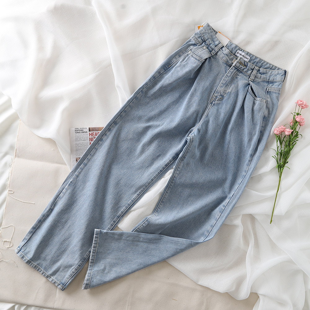 欧美前褶收腰显瘦垂感雅风拖地长裤显高遮肉牛仔裤