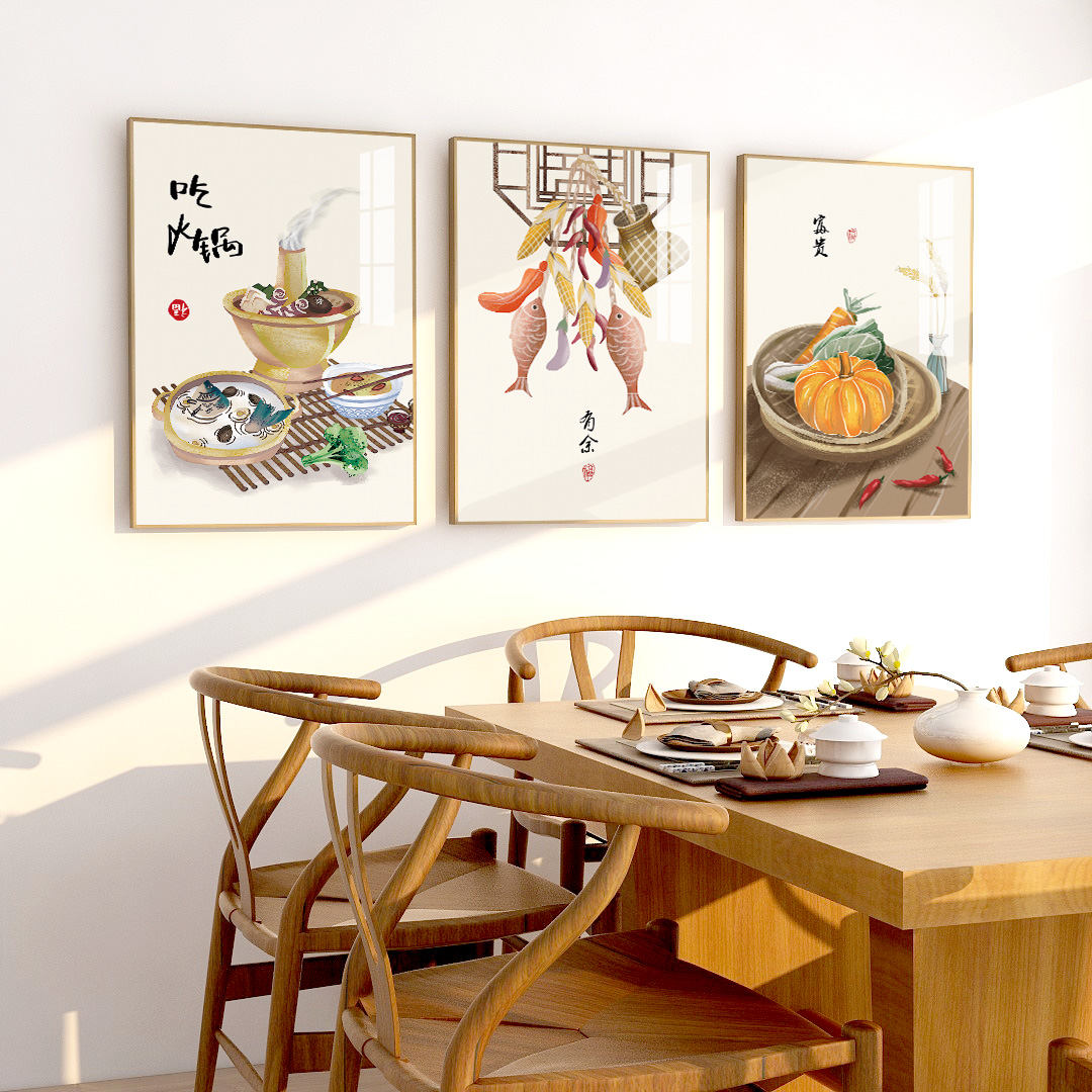 百特好新中式风格餐厅装饰画食物饭厅厨房挂画饭店背景墙面壁画