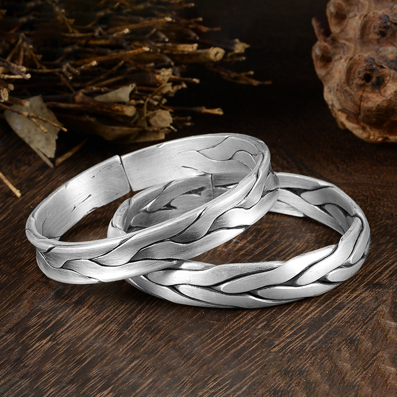 定制银手镯999纯银手工五股编织凹凸面送女友雪花银足银镯子