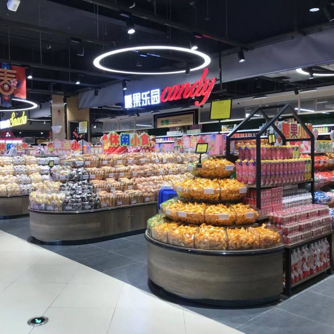 超市零食货架新款钢木高档中岛商店多层食品超市货架