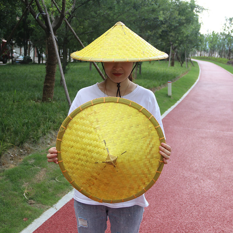 男春夏季防晒竹编大黄斗笠帽遮阳装饰帽农民劳保草编钓鱼帽道具帽