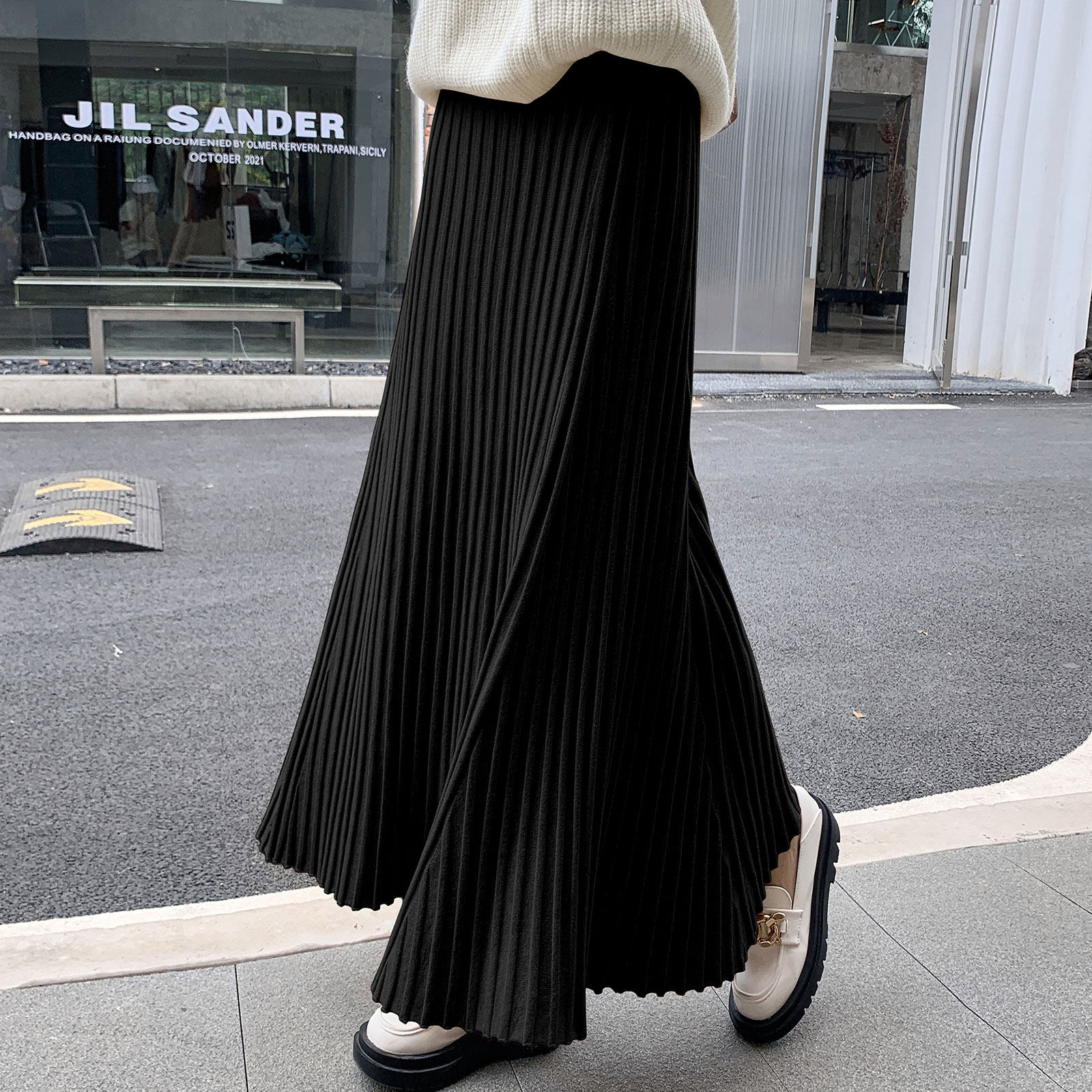 高个脚踝长裙百褶裙针织半身裙女秋冬高腰显瘦半身裙