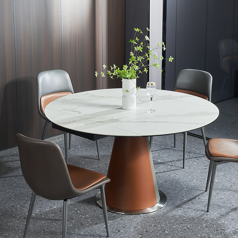 优梵艺术摩卡意式简约轻奢高端大理石可伸缩岩板餐桌餐桌