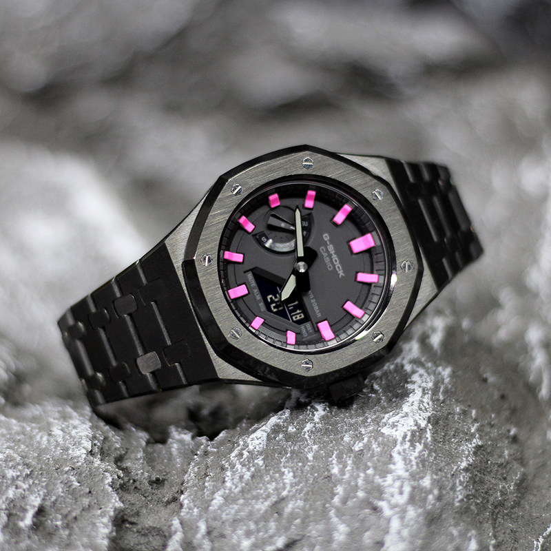 卡西欧gshock农家橡树ga2100改装八角金属玫红刻度日韩腕表