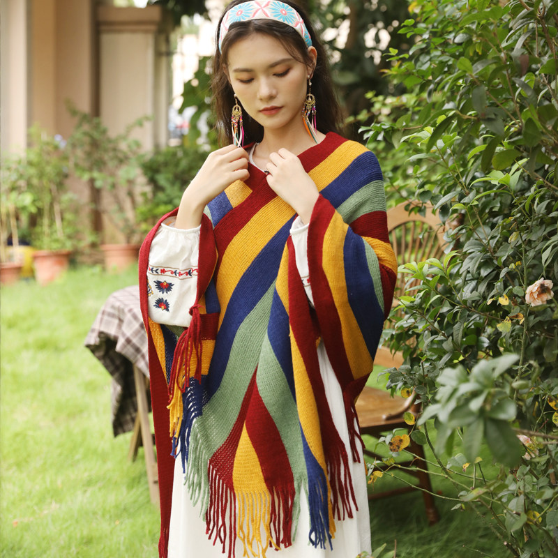 云南旅游彩色流苏斗篷披肩仿羊绒条纹针织套头衫保暖防风披风西北