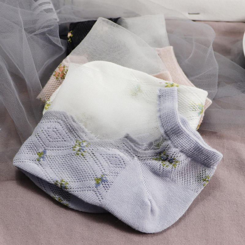 日系春夏季文艺清新小花超薄透明玻璃丝透气网眼船袜