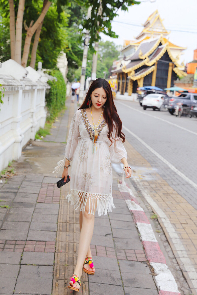 t-baby度假民族风泰国裙子雪纺连衣裙女中中长流苏连衣裙