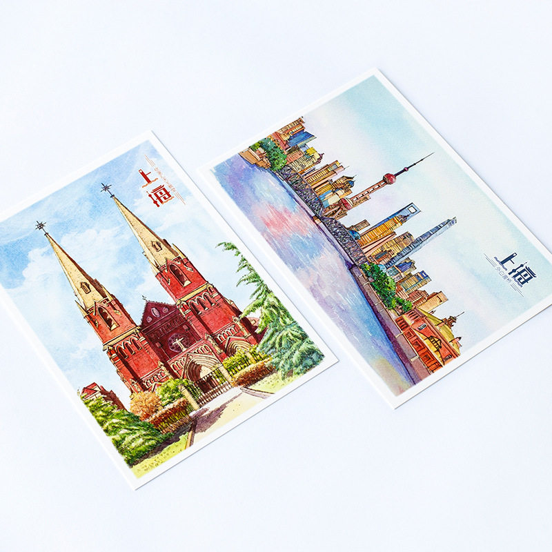 12张精美手绘明信片上海城市风景陆家嘴老外滩人民广场城隍庙淡彩