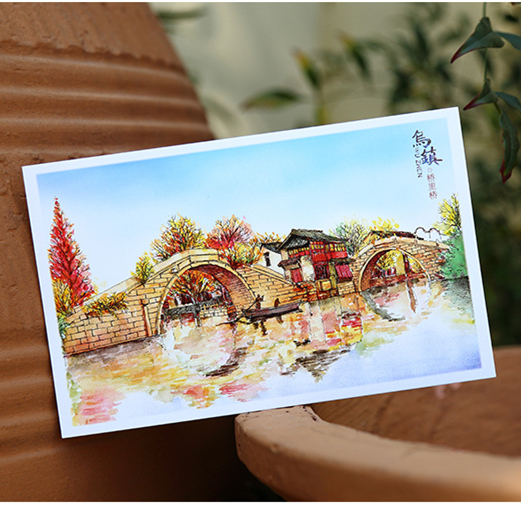 乌镇创意手绘明信片江南水乡风景古建筑卡片中国古镇贺卡