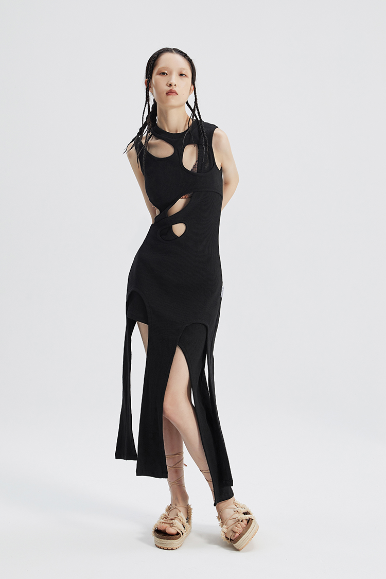 DAMAGE ASIA 原创设计黑暗解构拼接镂空多层次不规则连衣裙长裙