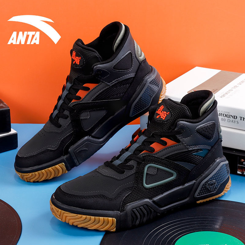 安踏烈焰高帮板男鞋2022冬季新款皮面厚底黑色运动休闲鞋