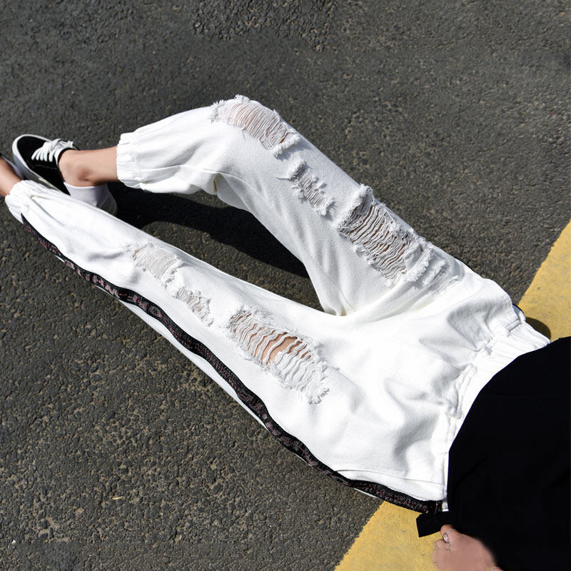 秋季白色胖mm烂牛仔裤女破洞潮宽松个性乞丐大码显瘦高腰九分裤潮