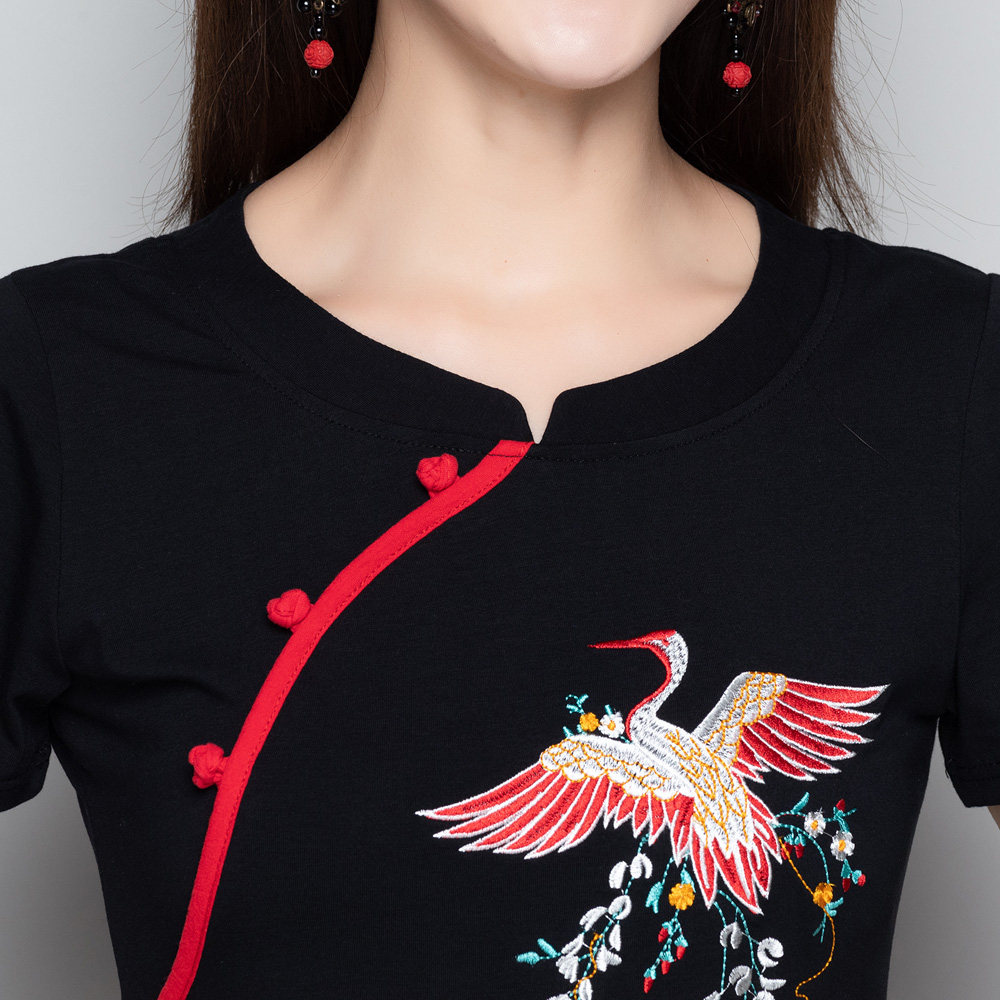 中国风文艺夏装短袖t恤复古刺绣民族风t恤女大码上衣纯棉打底衫女