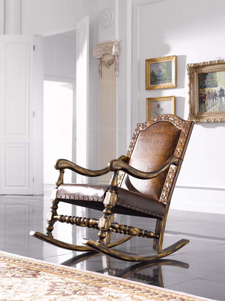 摇椅沙发美式真皮实木雕花欧式古典休闲椅摇椅