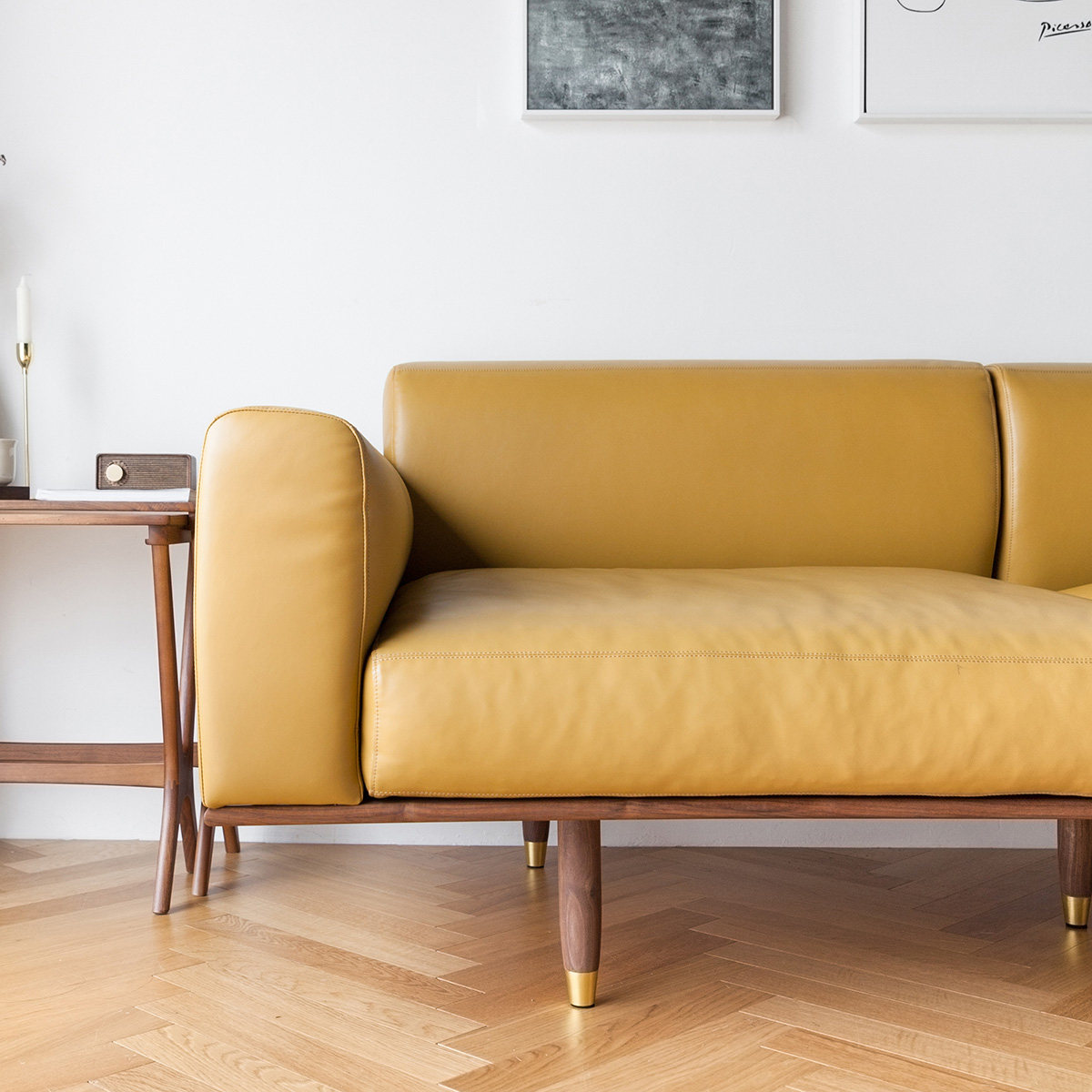 及木家具 北欧原木 樱桃木黑胡桃 实木框架真皮客厅三人沙发sf023