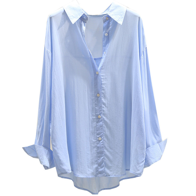 蓝色垂感天丝棉衬衫女夏2021新款韩版宽松休闲衬衫
