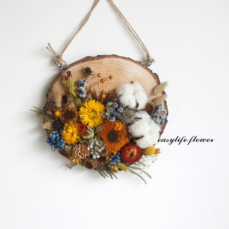 干花木片花艺装饰品棉花玫瑰圆形挂画门牌咖啡干花