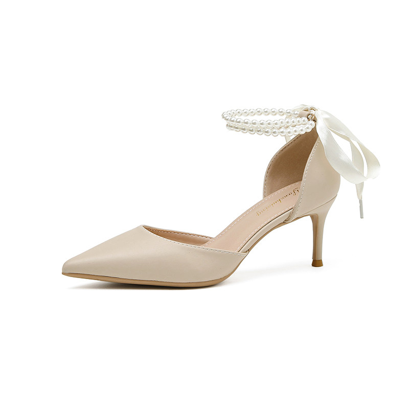法式细跟尖头高跟鞋公主小众高级感中空珍珠丝带包头时尚女凉鞋