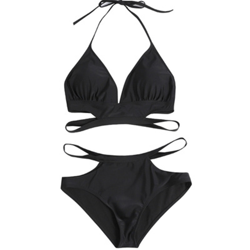 新款韩版性感温泉度假比基尼黑色露背分体三点式比基尼