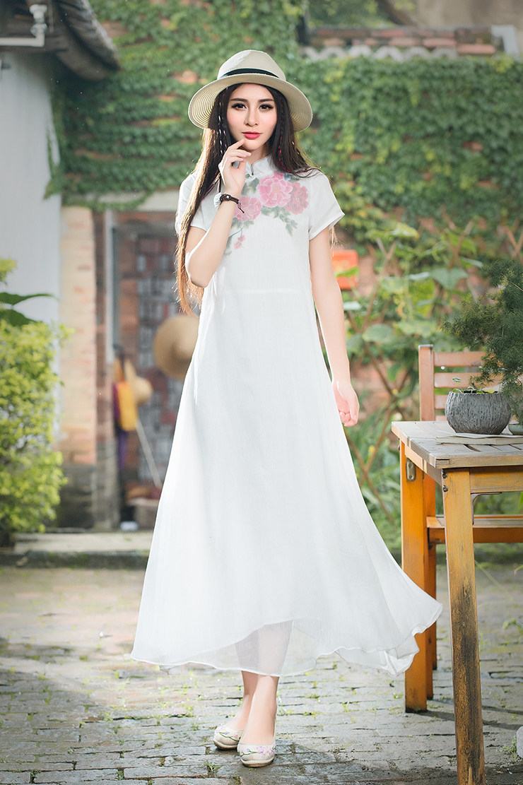 2020夏季新款女装绣花天丝皱立领旗袍短袖长袍民族风连衣裙长裙子