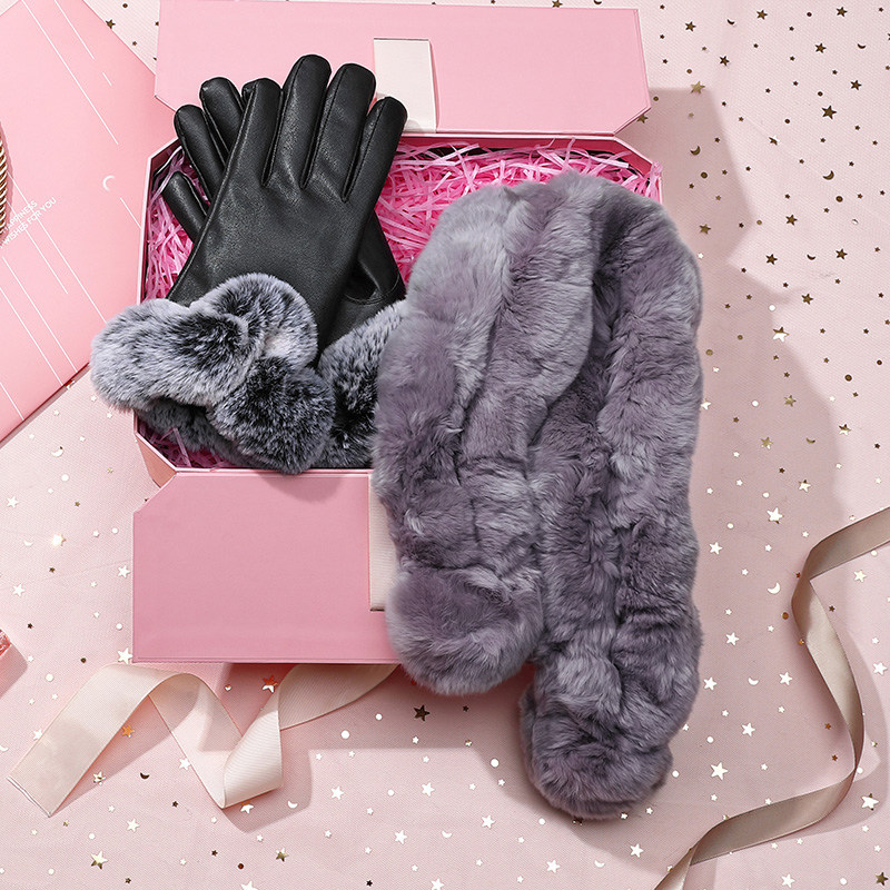 美洲野牛獭兔毛围脖女冬季韩版百搭秋冬加厚保暖围巾手套礼盒套装