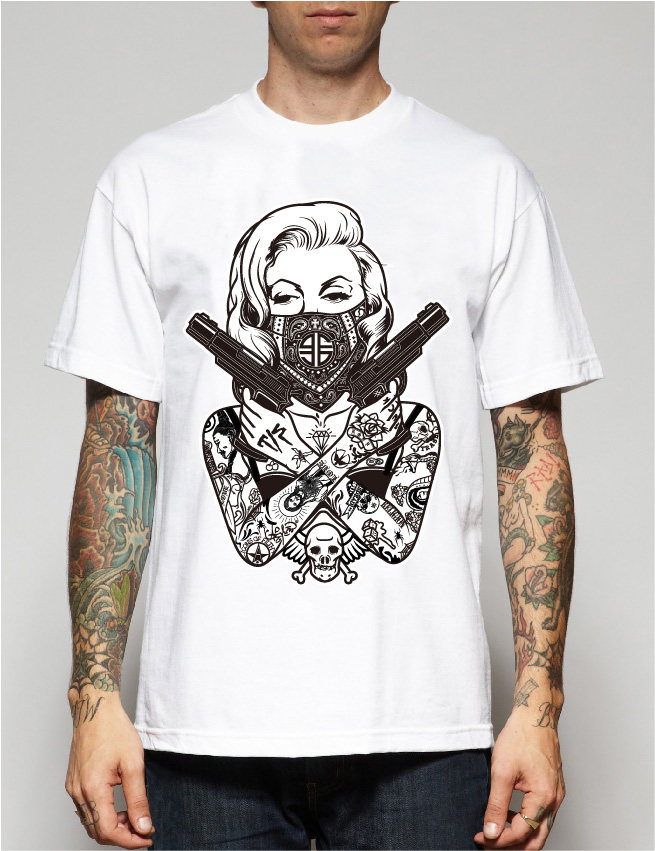 双枪匪帮纹身蒙面梦露半袖西海岸舞蹈滑板摇滚t恤