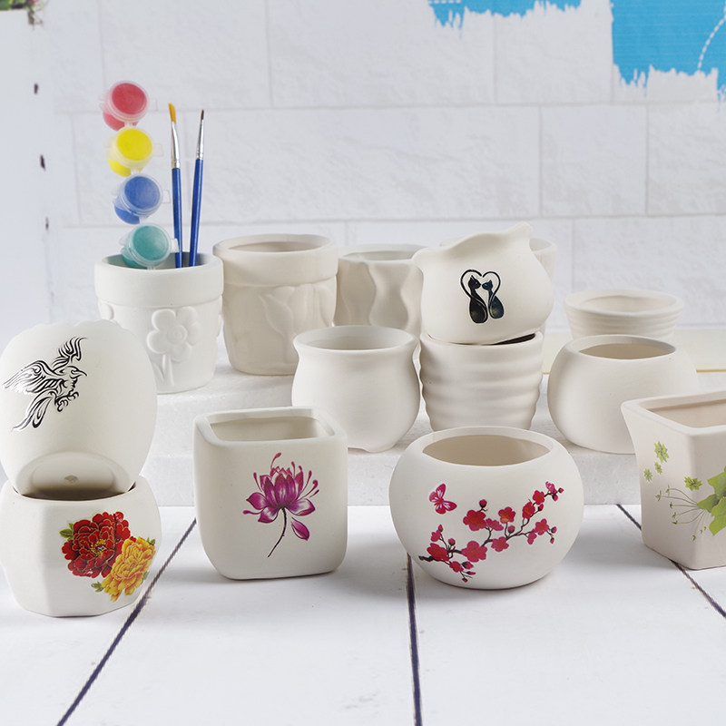 手工手工制制作模具彩绘上色diy陶瓷花盆白胚白模填色