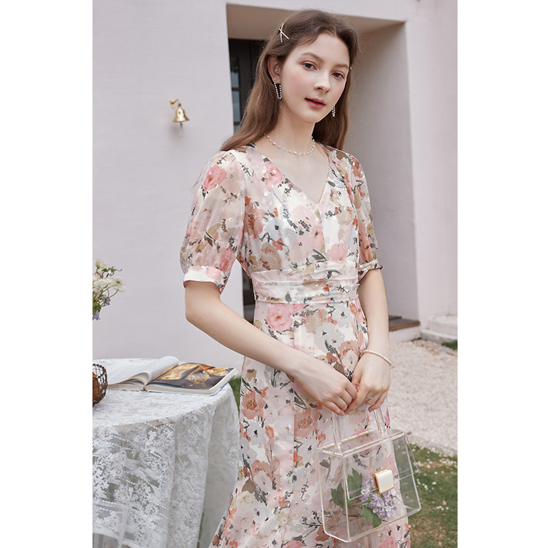 3colour三彩2021夏装女装印花鱼尾连衣裙泡泡雪纺连衣裙