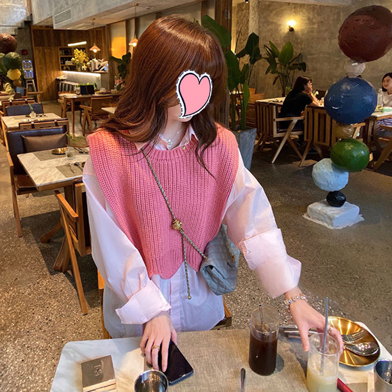 甜美早秋粉色2022新款针织马甲长袖衬衫套装时尚套装