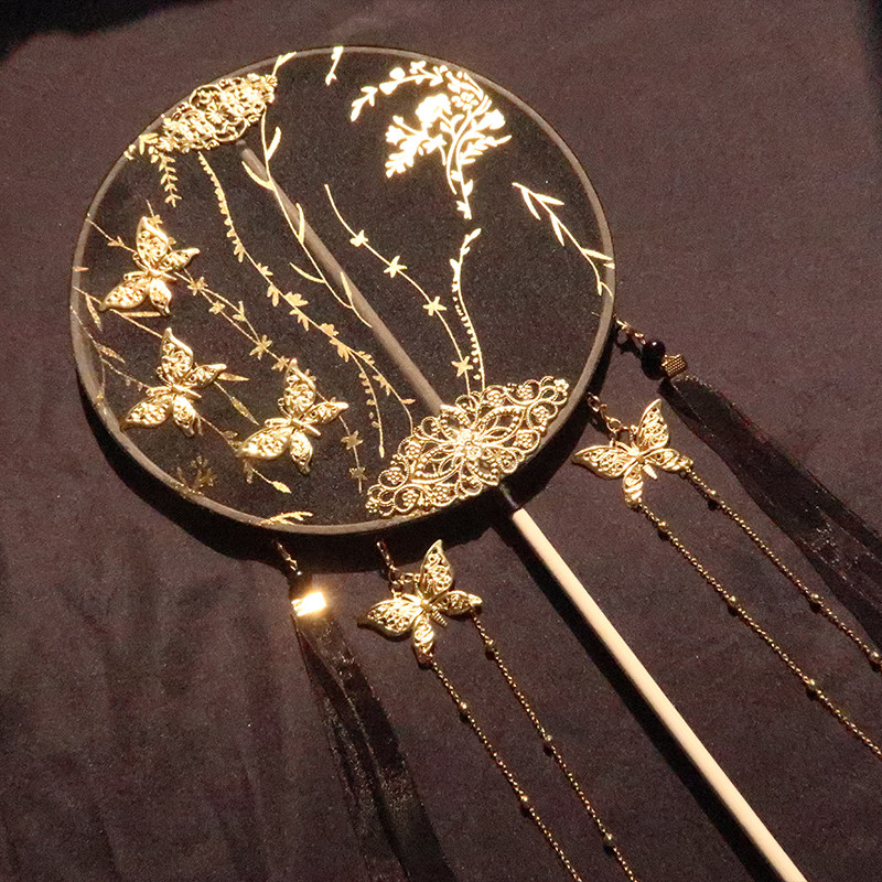 团扇古风长柄汉服圆扇子流苏烫金宫扇飘带破云扇工艺扇