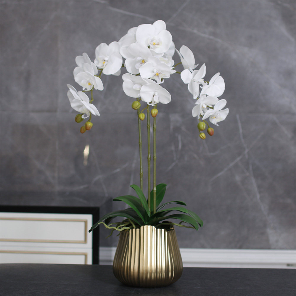 高端黄色假花客厅插花样板间餐桌上的装饰花蝴蝶兰仿真花艺摆设