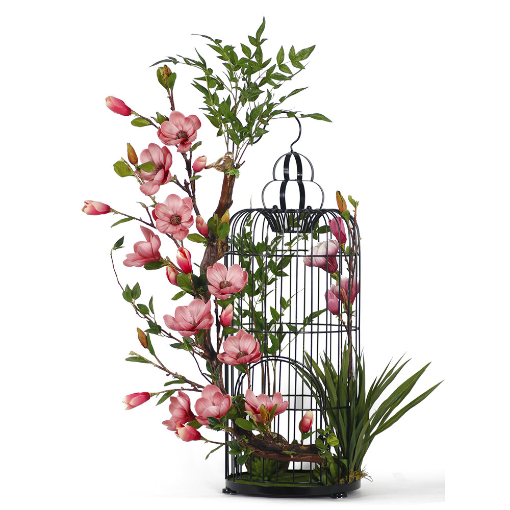 客厅大堂摆件套装鸟笼花艺转门旋转落地大型仿真花