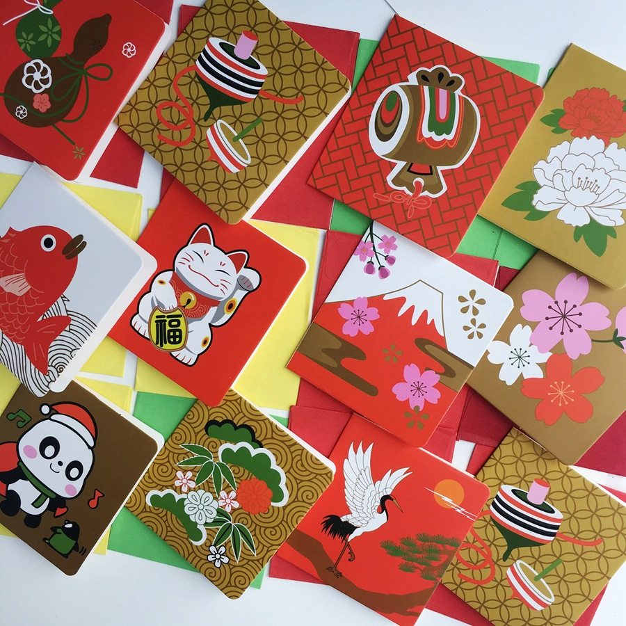 创意新年祝福 福禄寿贺卡 中国日本元素圣诞节迷你卡片一套96张