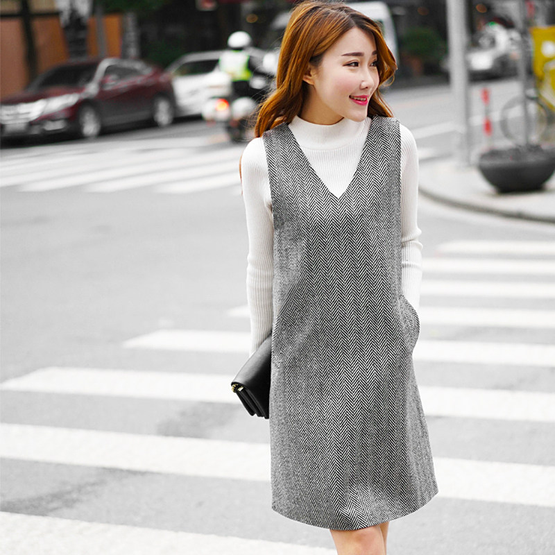 毛呢马甲裙背心裙2019秋冬中长款无袖连衣裙休闲宽松大码打底裙女