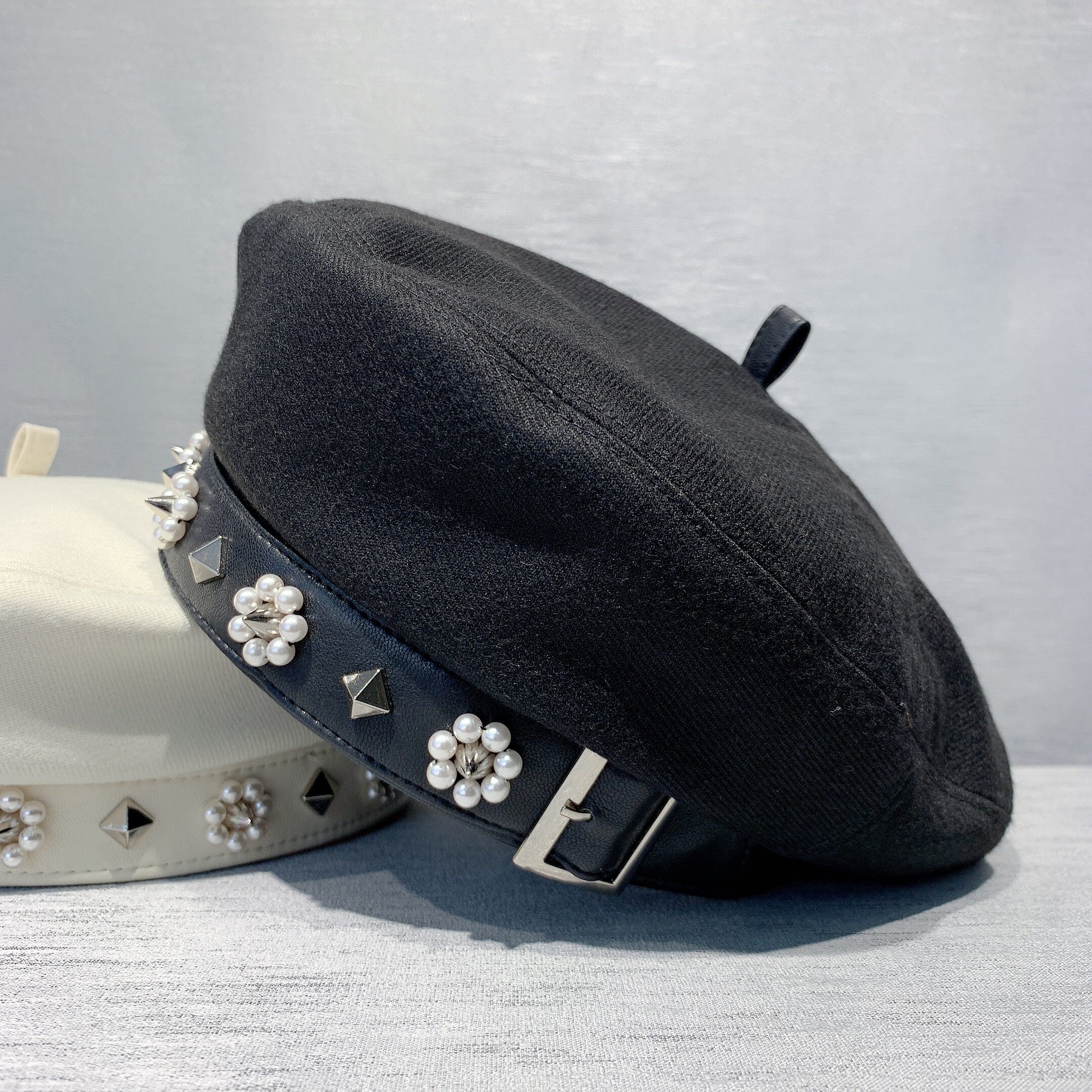 新款帽子子女珍珠铆钉贝雷帽法国定制文艺复古帽子