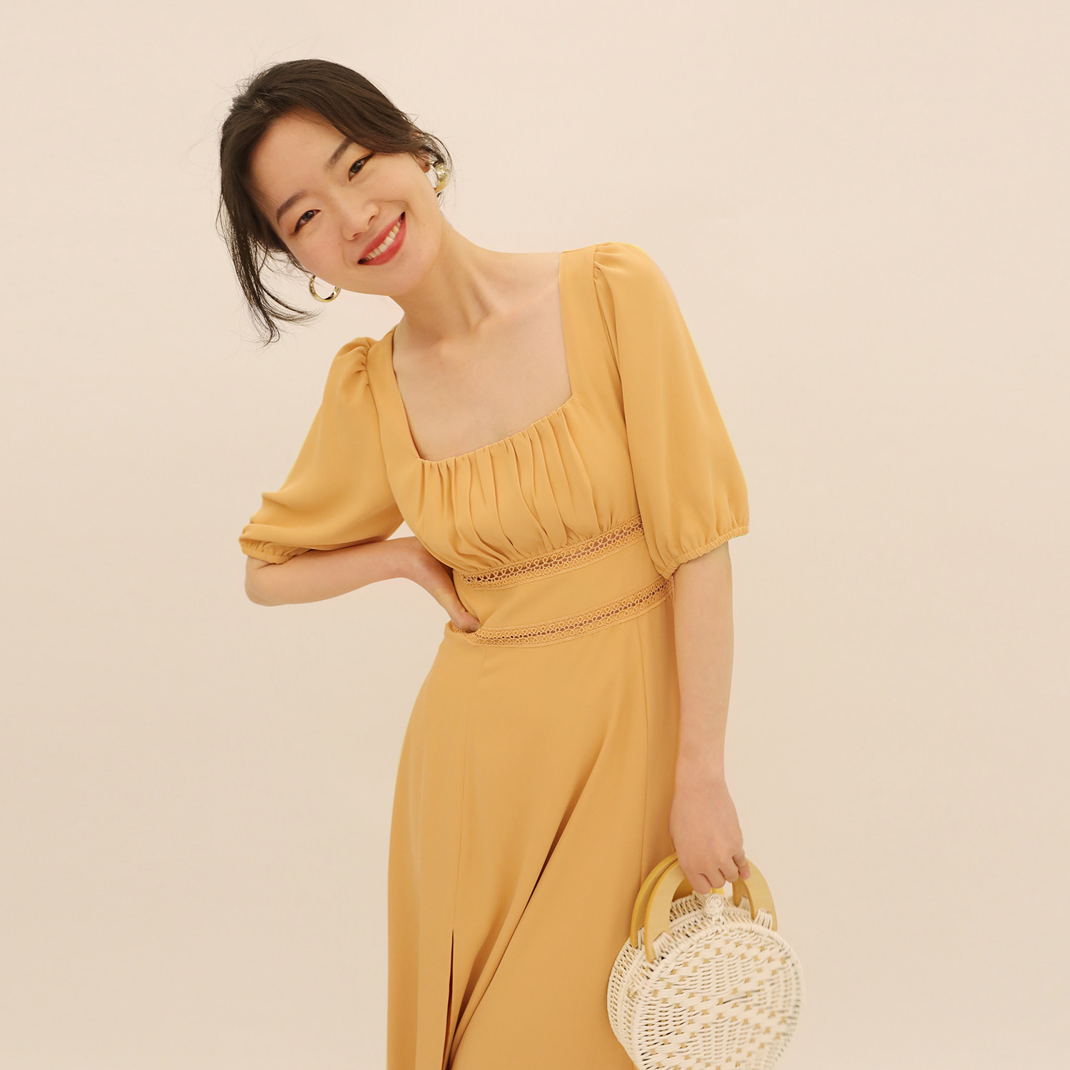 tansshop显瘦连衣裙镂空花边高腰中袖方字裙中长长裙连衣裙