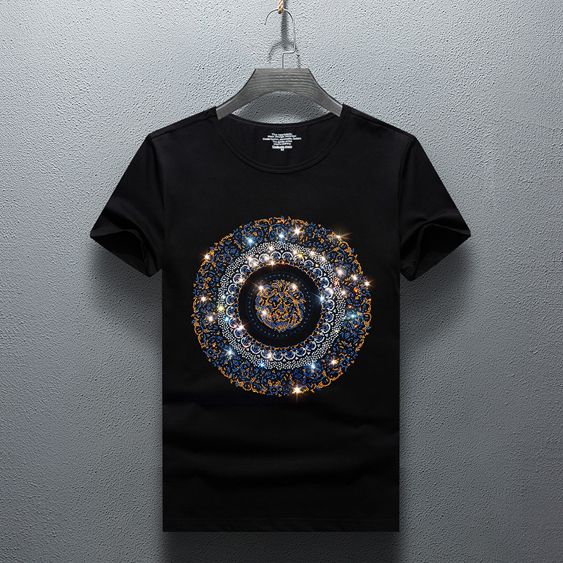 2021丝光棉t恤男短袖烫钻欧洲站潮流潮牌大码体恤修身男士打底衫