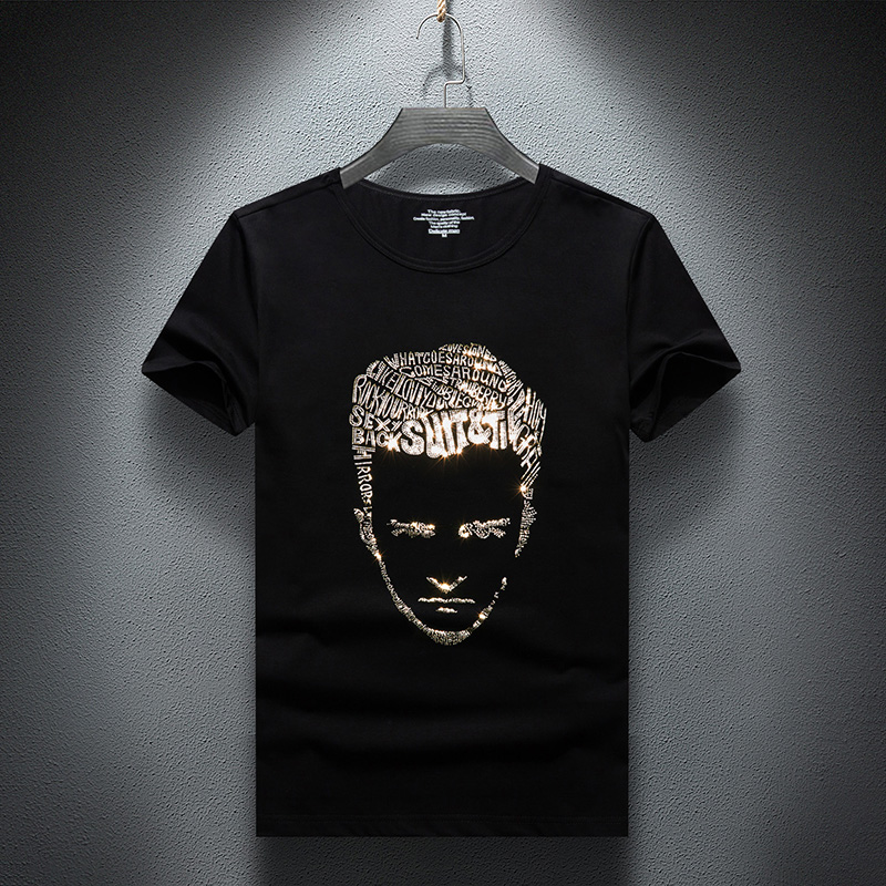 2021新款夏季男装衣服烫钻短袖T恤男 修身青年半袖潮牌打底衫体恤