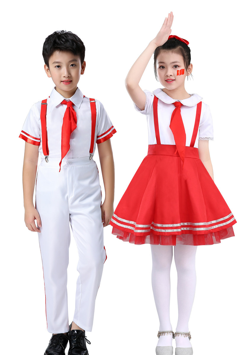 儿童演出服男女女童背带少先队员红领巾合唱飞得更高儿童演出服