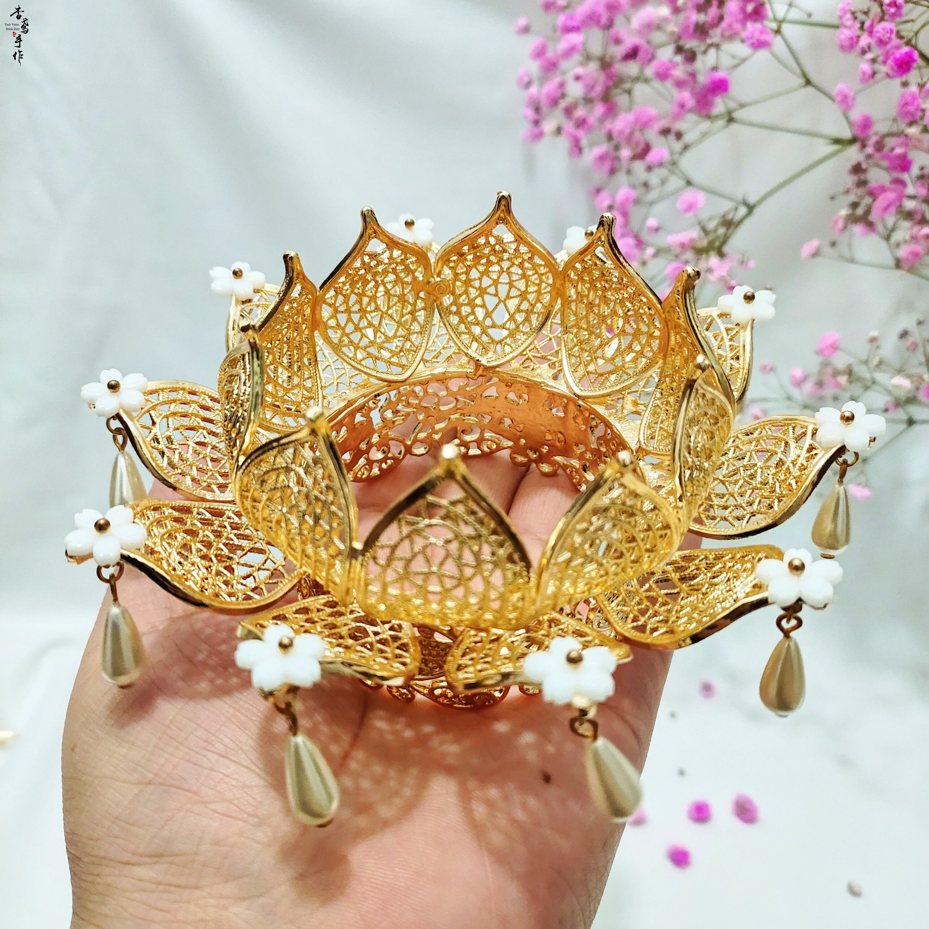 汉服头饰珍珠莲花冠步摇发冠女古风饰品品明项链