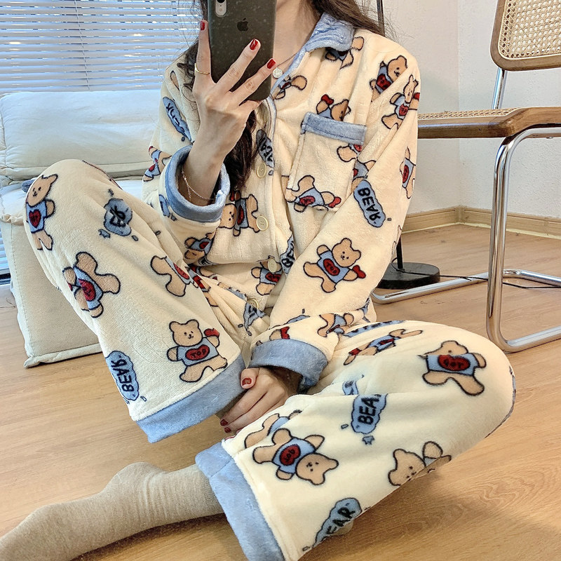 韩国小熊睡衣秋冬季新款加厚珊瑚瑚绒甜美可爱睡衣