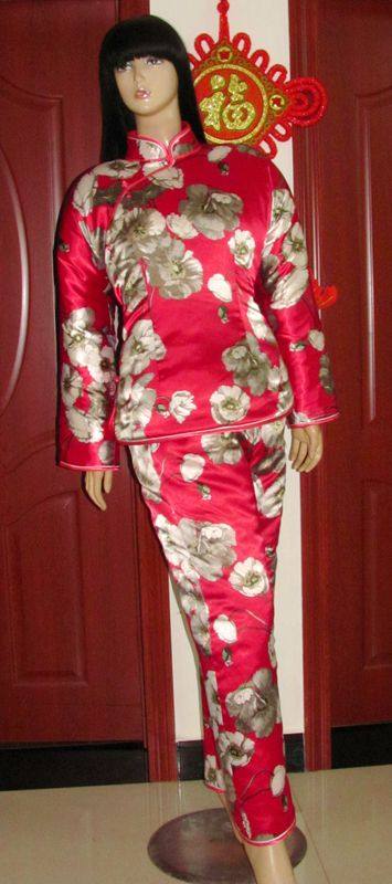 红大花纹丝绸大襟棉袄棉裤手工定做上衣