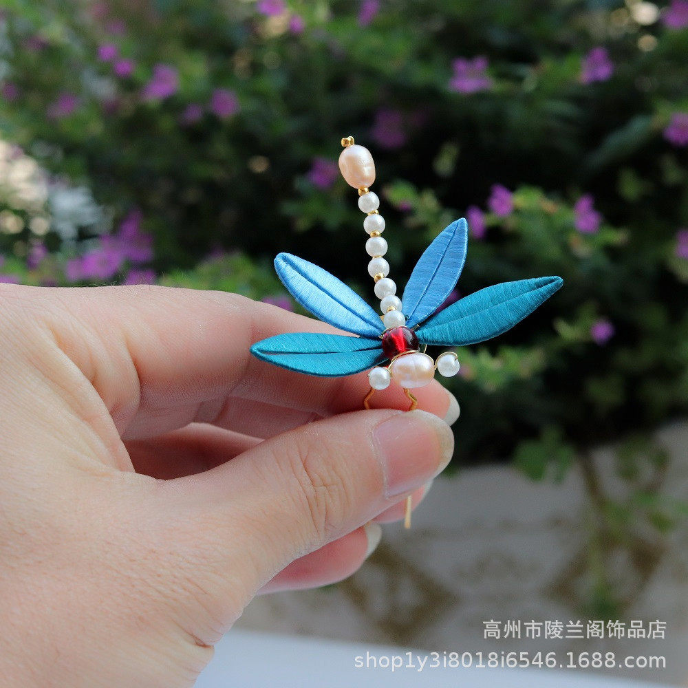 缠花小蜻蜓珍珠发簪蚕丝古风汉服配饰发钗簪娘发饰
