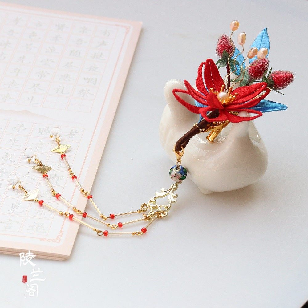 手工古风缠花草莓发钗汉服头饰头花配饰珍珠发饰