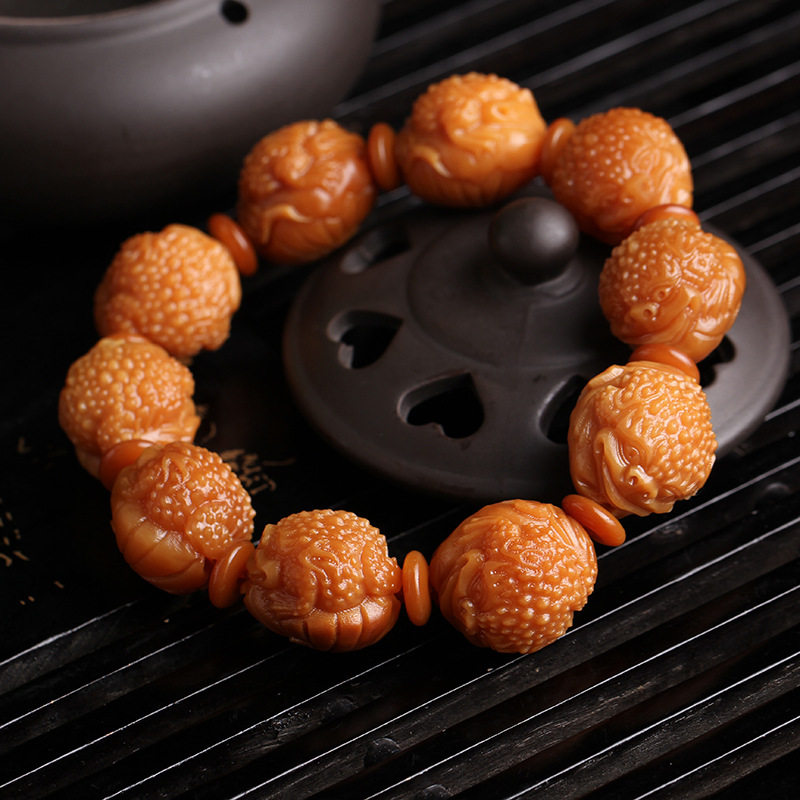 姜黄色招财民族风金蝉简约手串佛珠优质蟾蜍雕刻手链