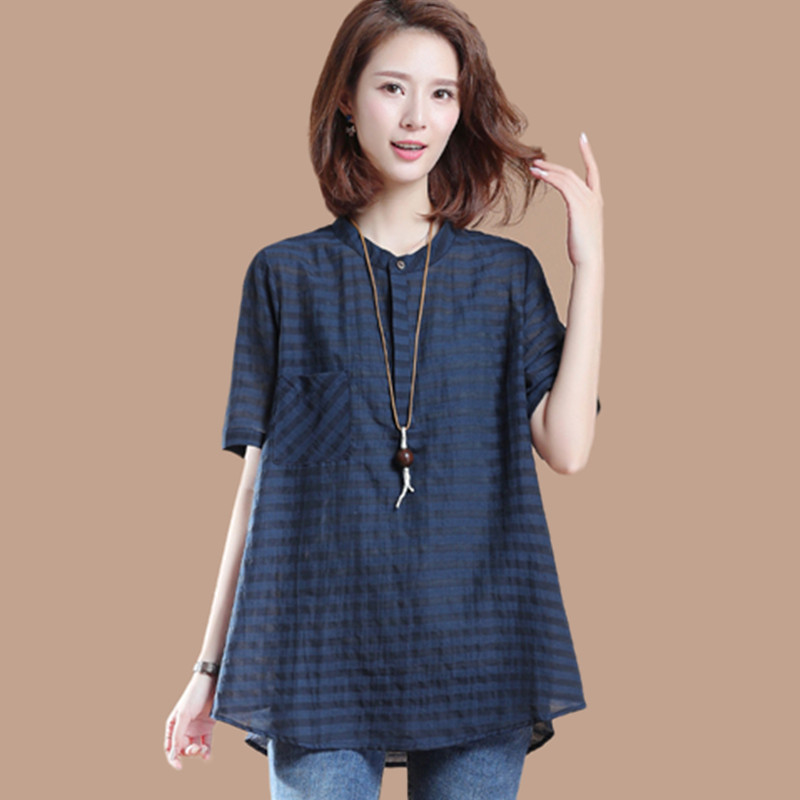 原创大码2022夏季新款女装单口袋短袖条纹衬衫休闲宽松短袖衬衣女