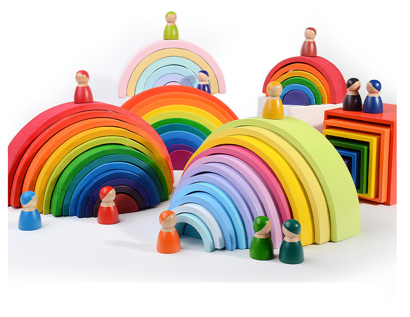 彩虹积木益智早教格罗姆纯手工3 10岁幼儿园实木半月板12色叠叠高