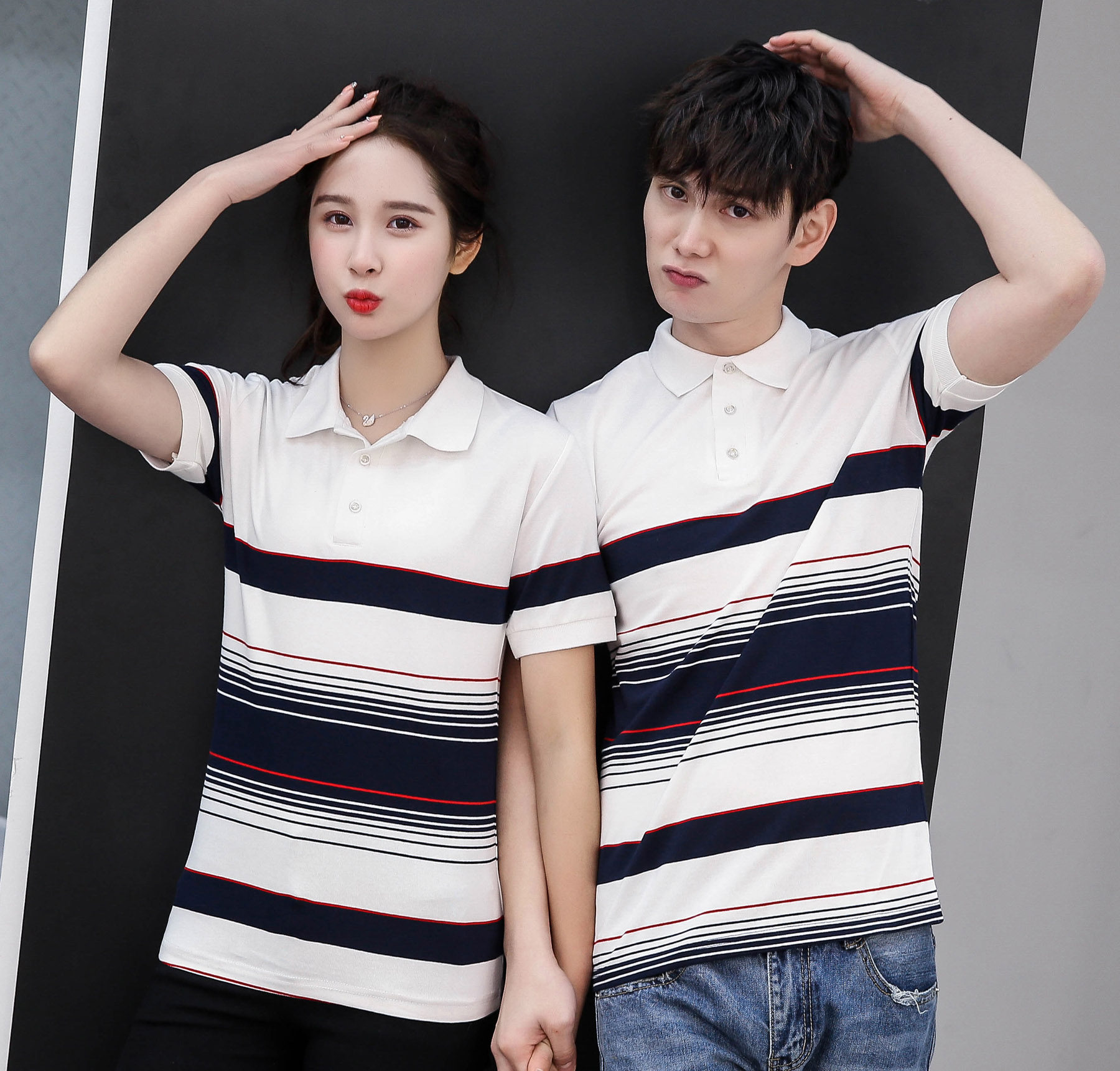 情侣装夏装新款运动领拼色短袖恤女polo翻领大码t恤